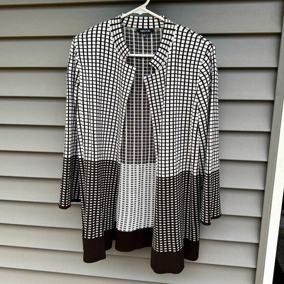 Misook size L Brown and White Checkered Cardigan Sweater with Shoulder Pads - Picture 1 of 13